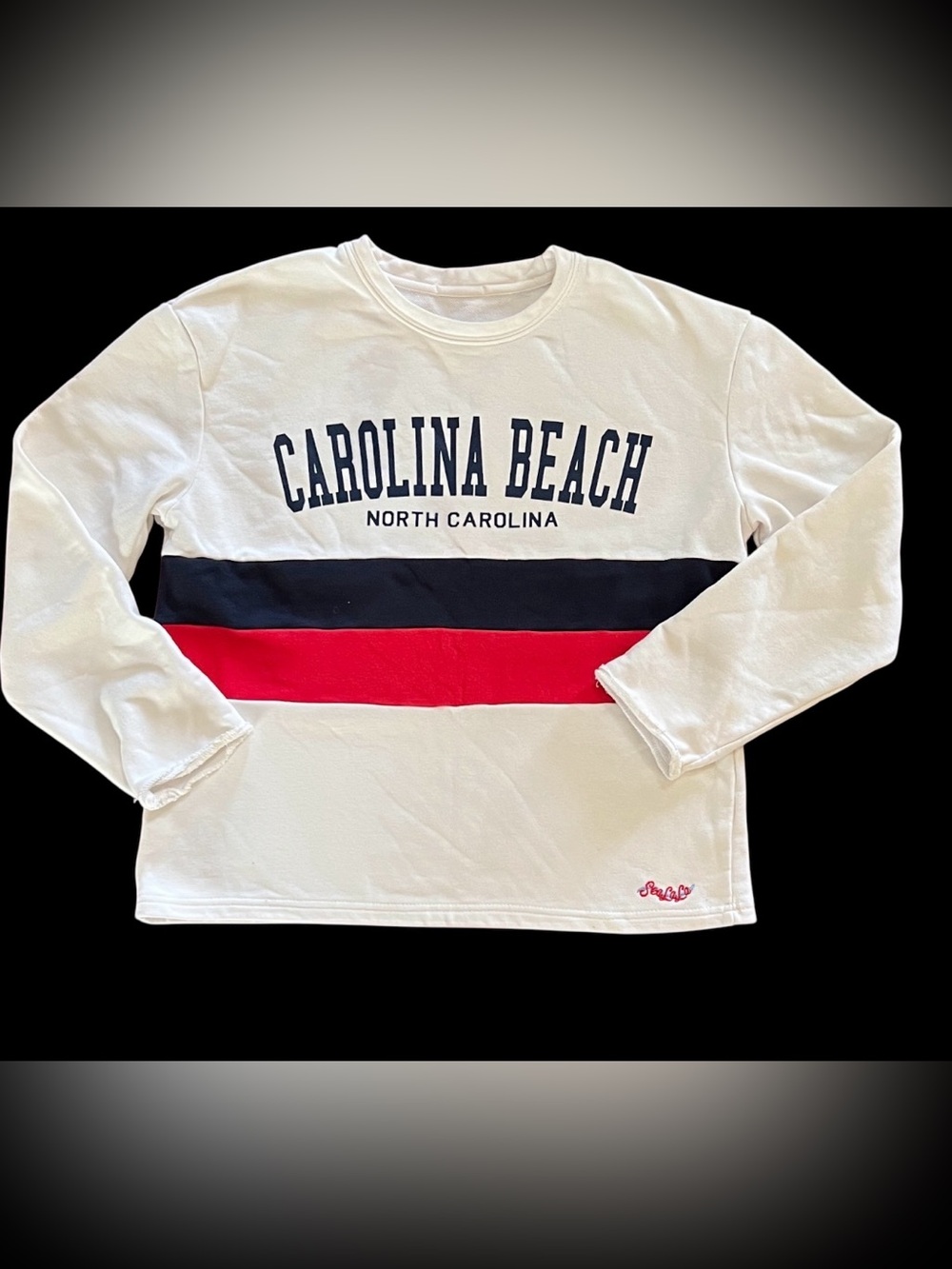 Vintage Carolina Beach Sea-la-la White stripe sweatshirt with Navy Lettering Med